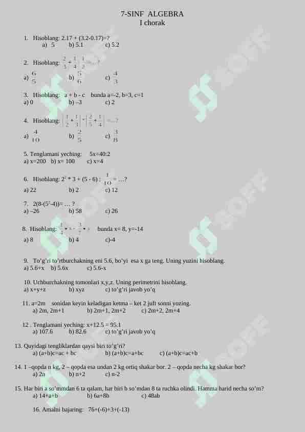 7-sinf matematika fanidan testlar