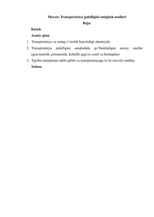 Transpiratsiya jadalligini aniqlash usullari