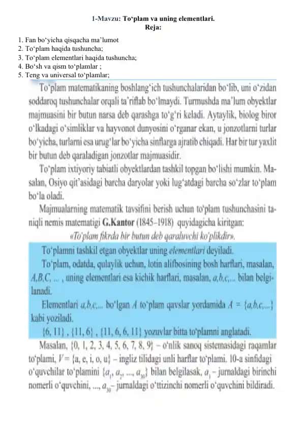 To‘plamlar va mantiq bo‘yicha mavzular to‘plami