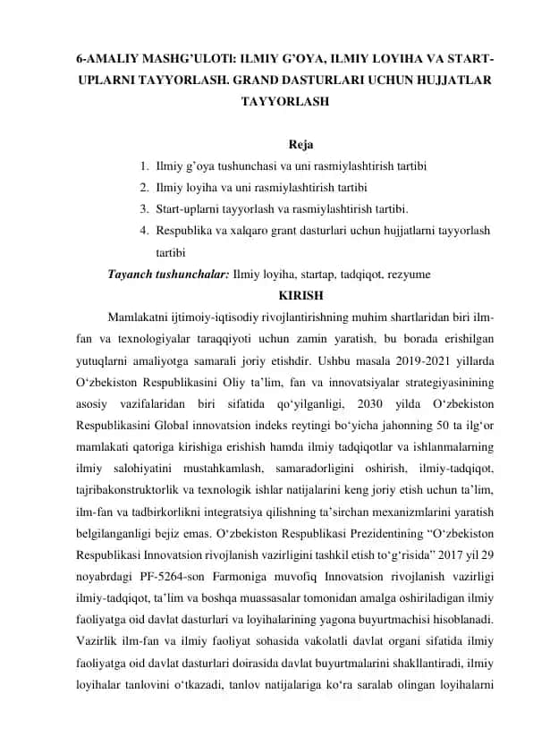 "Ilmiy G'oya, Ilmiy Loyiha va Start-uplarni Tayyorlash. Grand Dasturlari uchun Hujjatlar Tayyorlash"