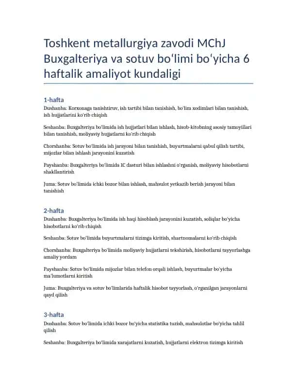 Buxgalteriya va sotuv bo‘limi amaliyot kundaligi