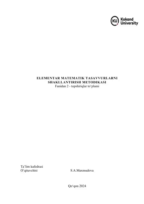 Elementar Matematik Tasavvurlarni Shakllantirish Metodikasi