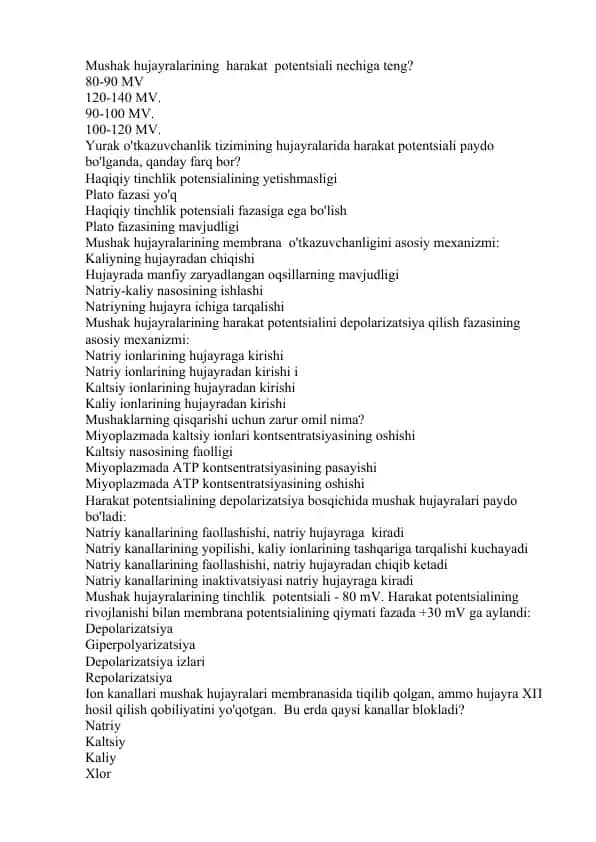 Mushak Hujayralarining Harakat Potentsiali