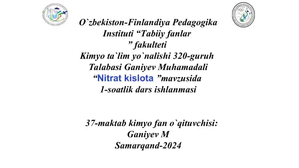 1-soatlik dars ishlanmasi "Nitrat kislota" mavzusida