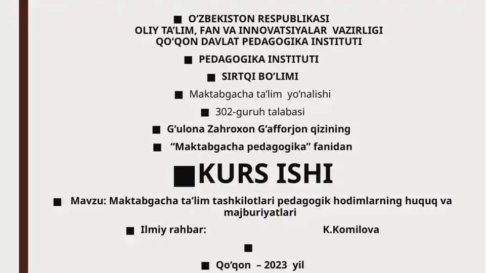 Maktabgacha ta'lim tashkilotlari pedagogik hodimlarning huquq va majburiyatlari