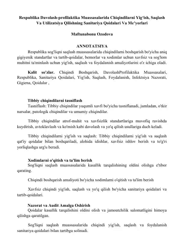 Tibbiy chiqindilarni Yig'ish, Saqlash Va Utilizatsiya Qilishning Sanitariya Qoidalari Va Meʼyorlari