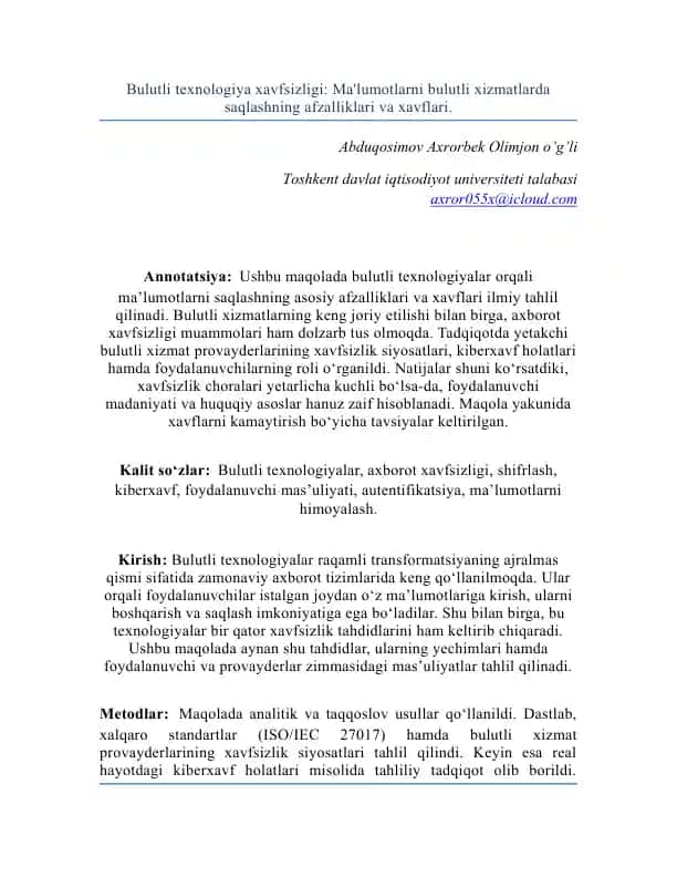 Bulutli texnologiya xavfsizligi: Ma'lumotlarni bulutli xizmatlarda saqlashning afzalliklari va xavflari