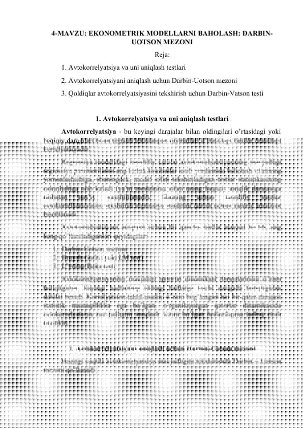 Avtokorrelyatsiya va uni aniqlash testlari