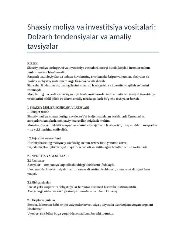 Shaxsiy moliya va investitsiya vositalari: Dolzarb tendensiyalar va amaliy tavsiyalar