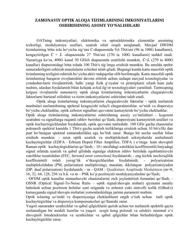 Zamonaviy Optik Aloqa Tizimlari