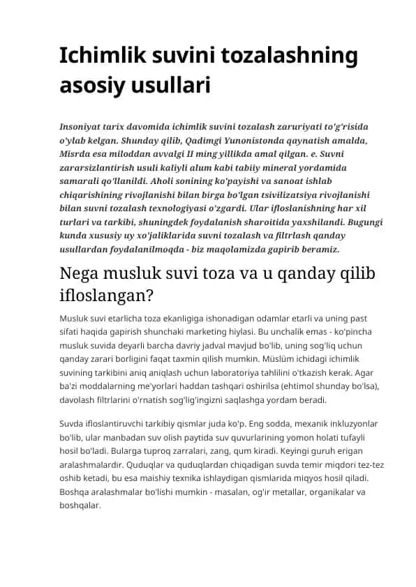 Ichimlik suvini tozalashning asosiy usullari