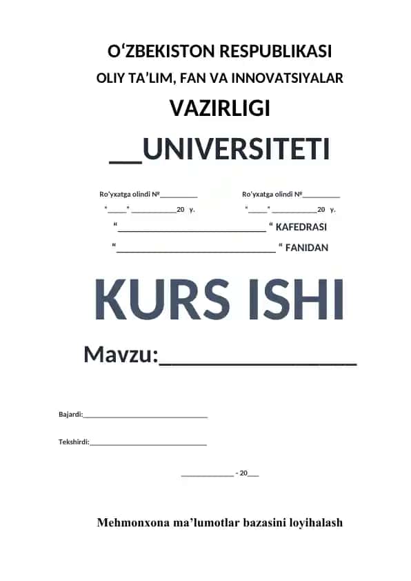 Mehmonxona ma’lumotlar bazasini loyihalash