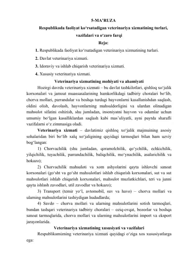 Veterinariya xizmatining turlari, vazifalari va o‘zaro farqi