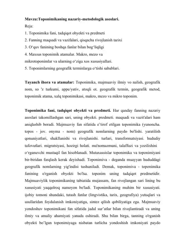 Toponimikaning nazariy-metodologik asoslari