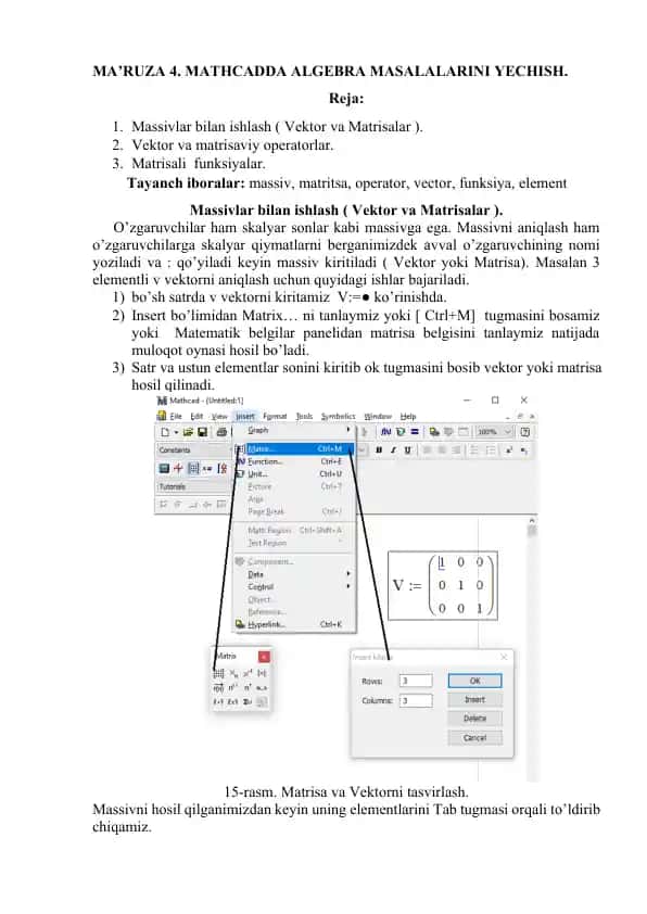 MA’RUZA 4. MATHCADDA ALGEBRA MASALALARINI YECHISH