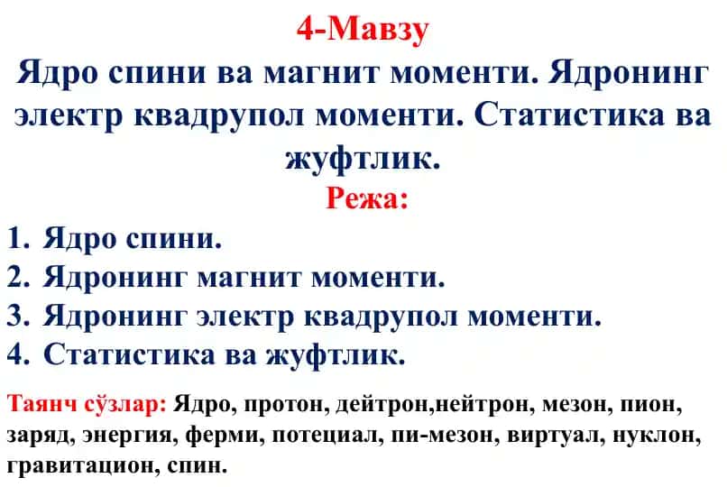 Ядро спини ва магнит моментлари