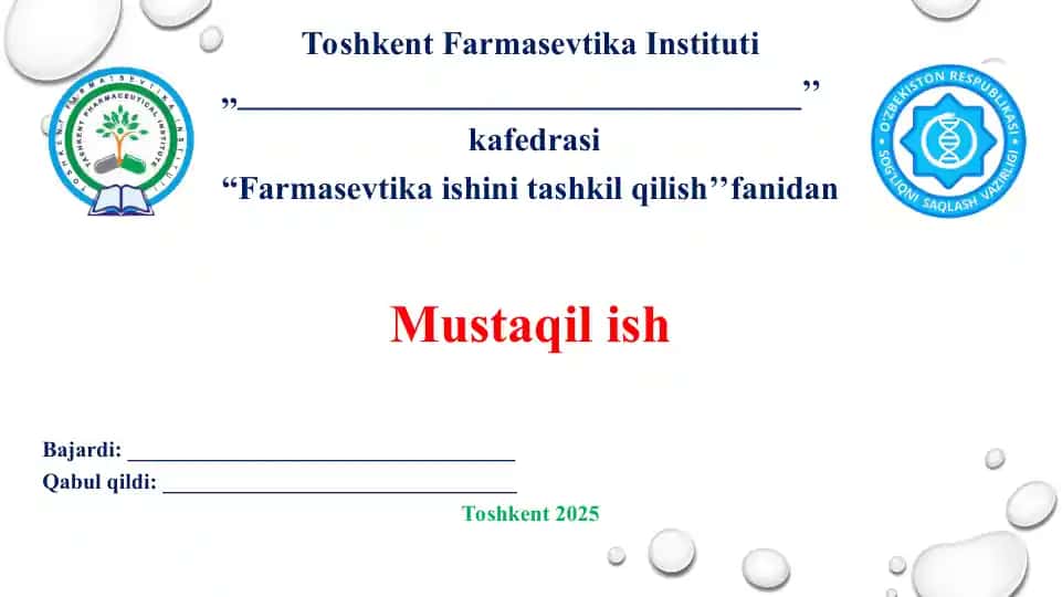 1. Dori vositalari ta’minotini tashkil etishda xalqaro tajriba. Taqdimot, 11 bet.