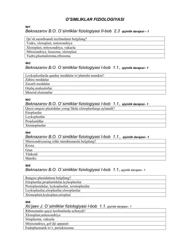 O'simliklar Fiziologiyasi
