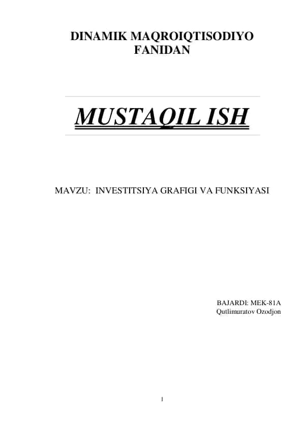 INVESTITSIYA GRAFIGI VA FUNKSIYASI