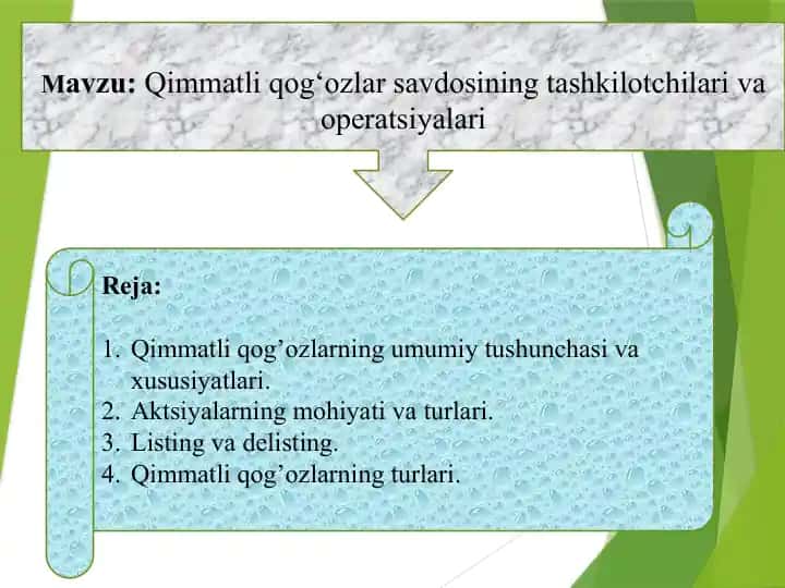 Qimmatli qog‘ozlar savdosining tashkilotchilari va operatsiyalari