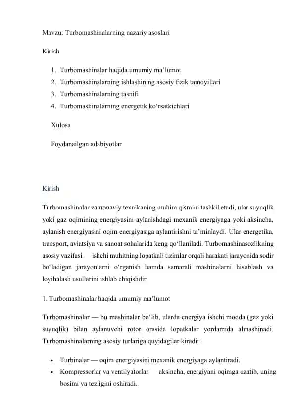 Turbomashinalarning nazariy asoslari