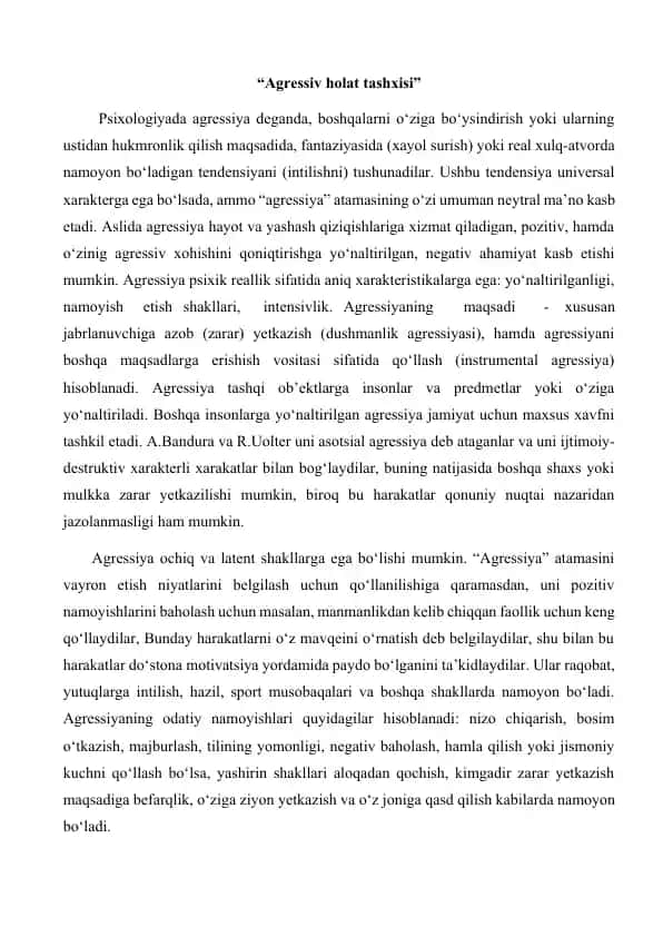 Agressiv holat tashxisi