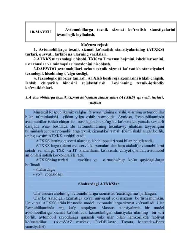 Avtomobillarga texnik xizmat ko'rsatish stanstiyalari