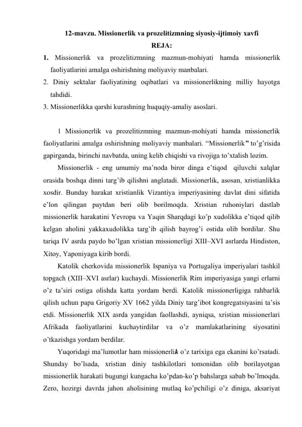 Missionerlik va Prozelitizmning Siyosiy-Ijtimoiy Xavfi
