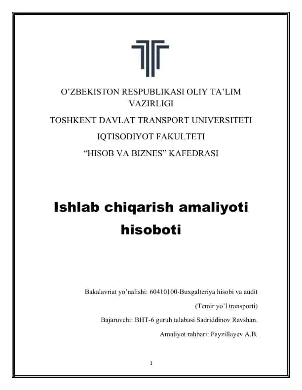 Ishlab chiqarish amaliyoti hisoboti
