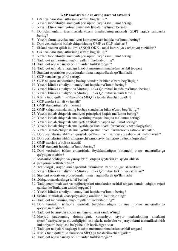 GXP asoslari fanidan oraliq nazorat savollari
