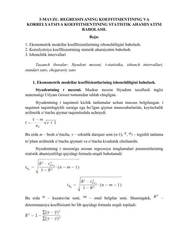 Regressiyaning koeffitsientining va korrelyatsiya koeffitsientining statistik ahamiyatini baholash