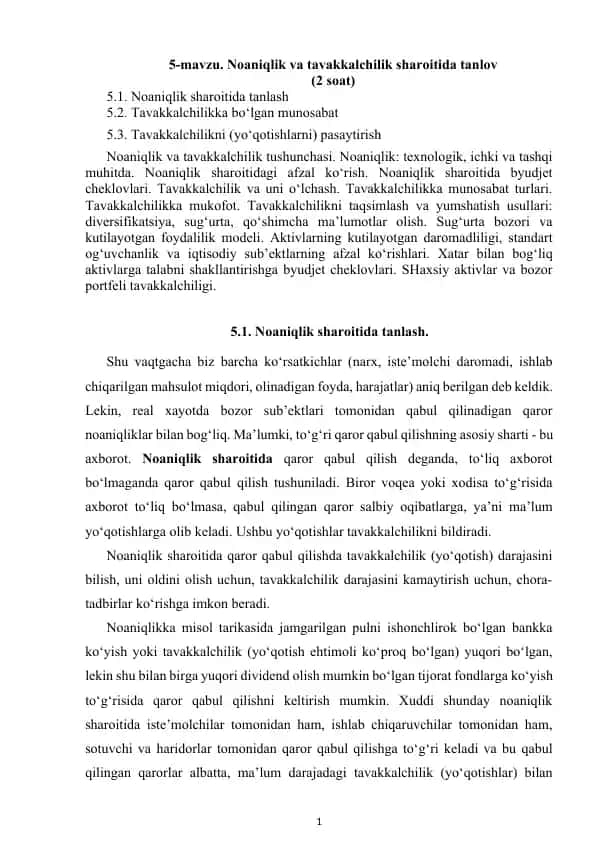 Noaniqlik va Tavakkalchilik Sharoitida Tanlov