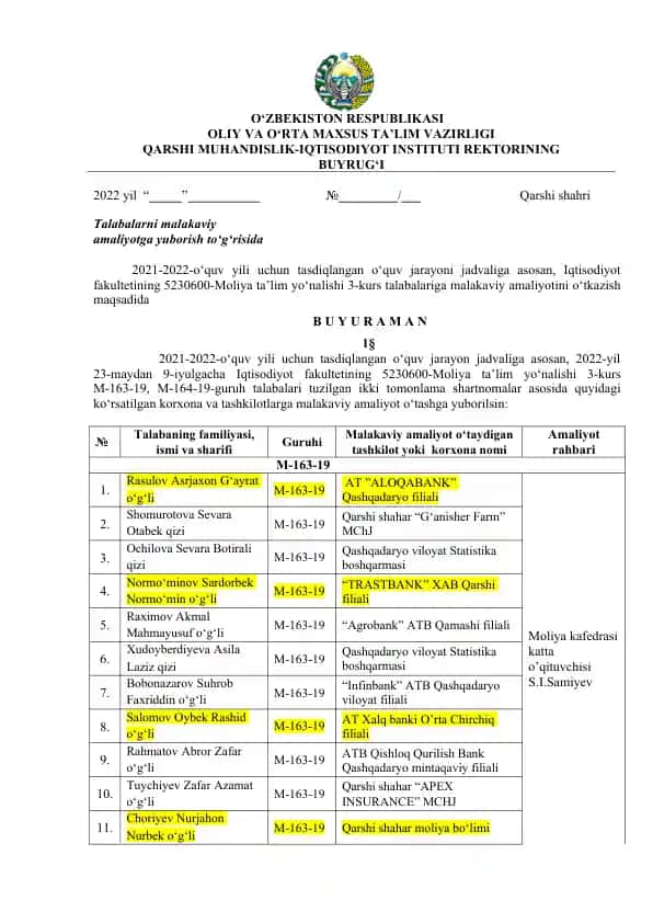 Malakaviy amaliyot o‘tkazish buyrug‘i