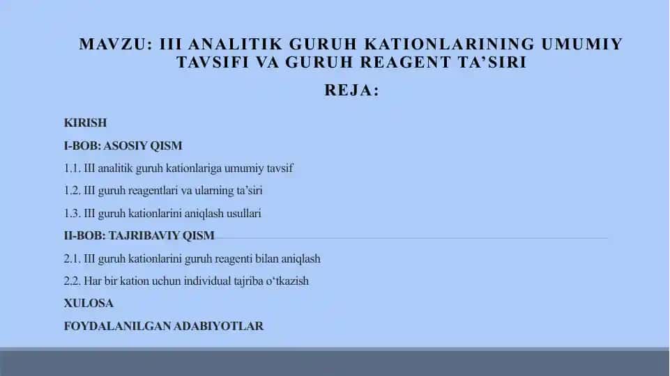 III analitik guruh kationlarini aniqlash usullari