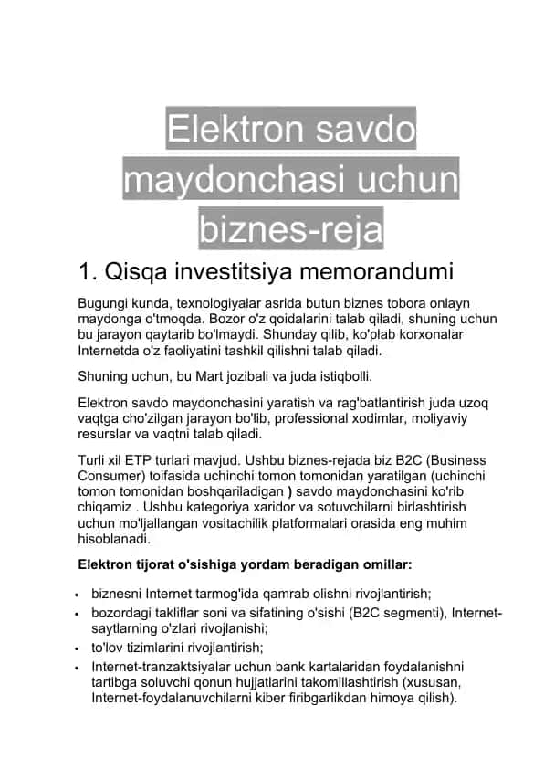 Elektron savdo maydonchasi uchun biznes-reja