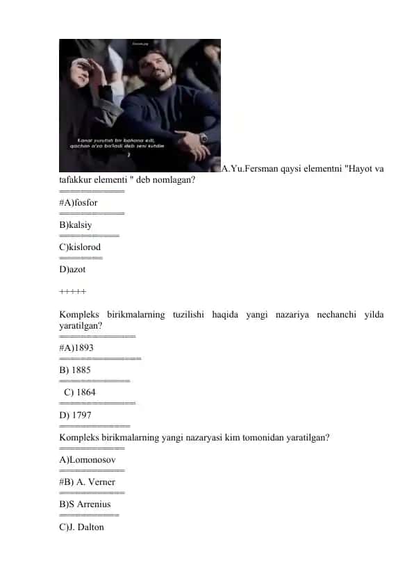 Kimyoviy nazariya test savollari