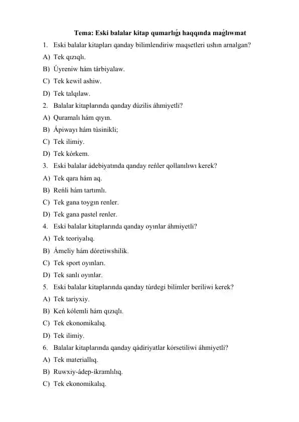 Eski balalar kitap qumarlıǵı haqida ma’lumot