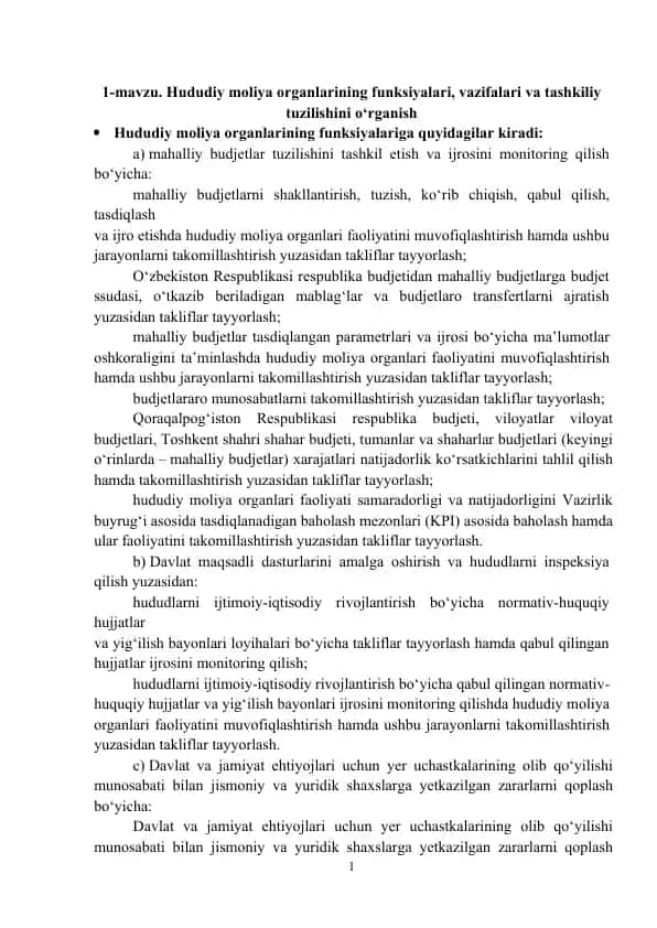 Hududiy moliya organlarining funksiyalari va tashkiliy tuzilishi