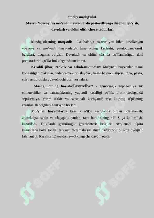Yovvoyi va mo’ynali hayvonlarda pasterellyozga diagnoz qo’yish, davolash va oldini olish chora-tadbirlari