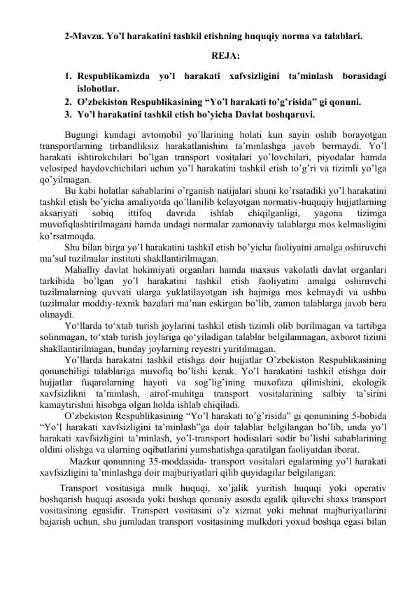 Yo’l harakatini tashkil etishning huquqiy norma va talablari