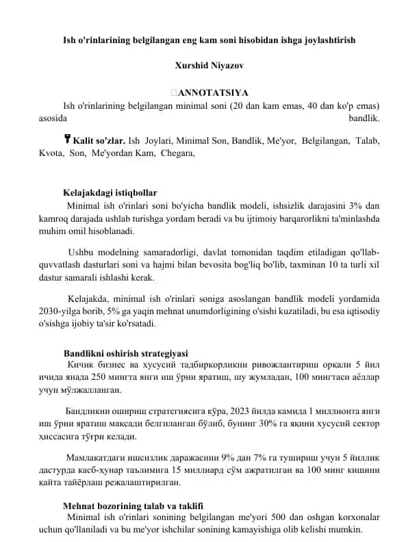 Ish o'rinlarining belgilangan minimal soni asosidagi bandlik modeli