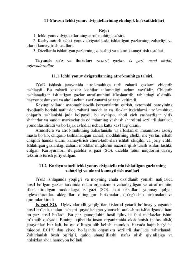 Ichki yonuv dvigatellarining ekоlоgik ko`rsatkichlari