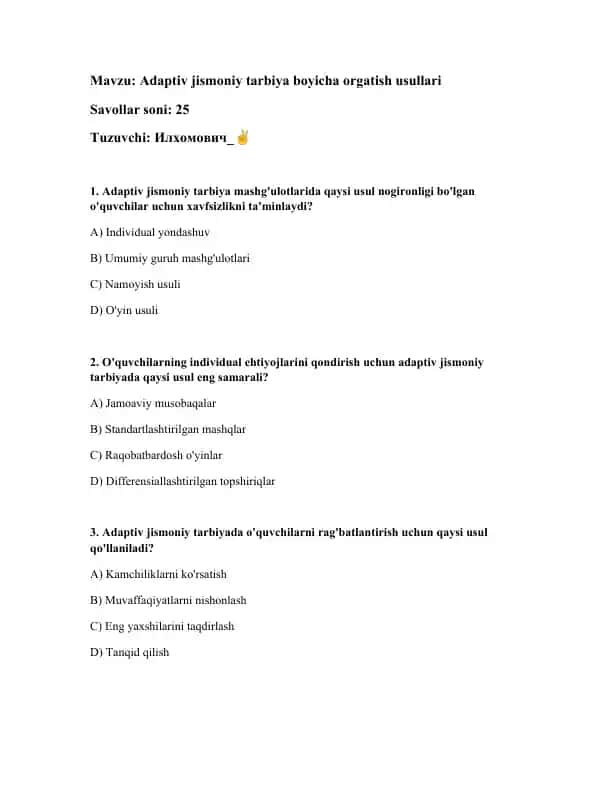 Adaptiv jismoniy tarbiya boyicha orgatish usullari