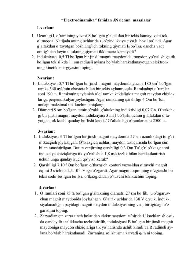 Elektrodinamika fanidan masalalar to‘plami (JN)