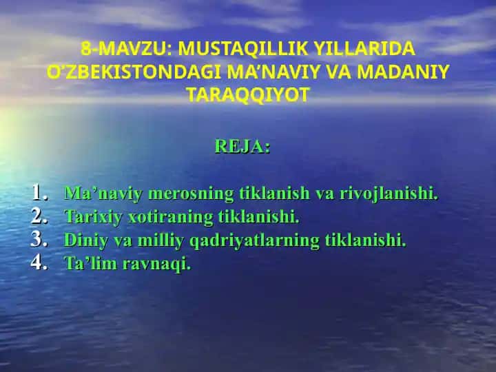 MUSTAQILLIK YILLARIDA O’ZBEKISTONDAGI MA’NAVIY VA MADANIY TARAQQIYOT