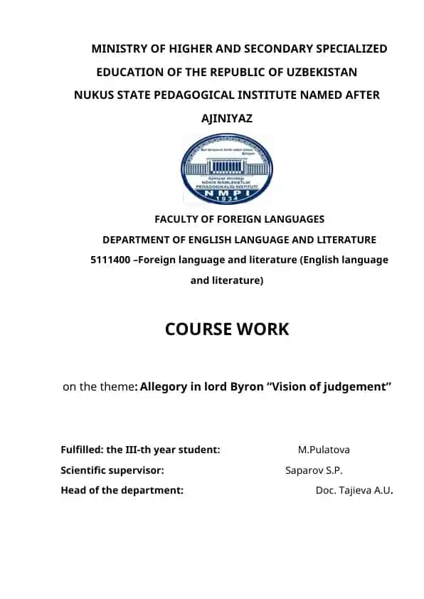 Course work on Allegory in Lord Byron's "Vision of Judgment"