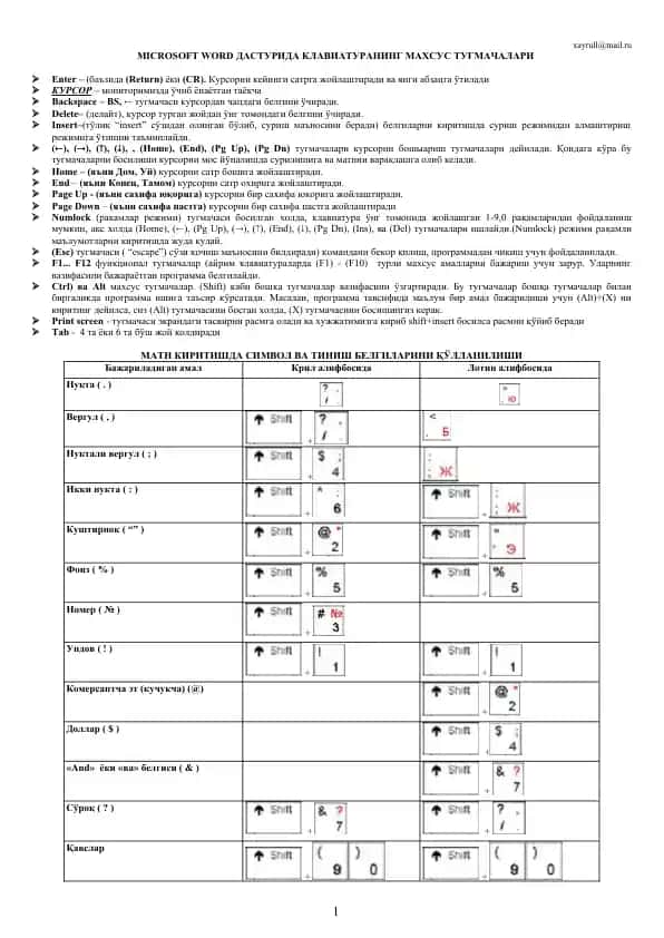 Microsoft Word dasturidagi klaviatura mahsus tugmacha