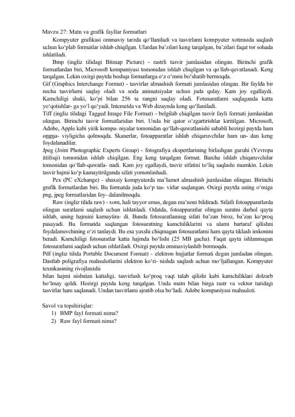 Matn va grafik fayllar formatlari