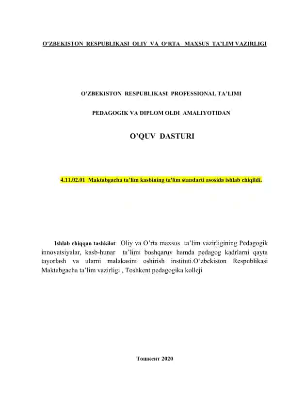 PEDAGOGIK VA DIPLOM OLDI AMALIYOTIDAN O’QUV DASTURI