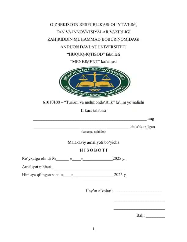 Malakaviy amaliyot hisoboti "Turizm va mehmondo‘stlik" ta’lim yo‘nalishi bo‘yicha